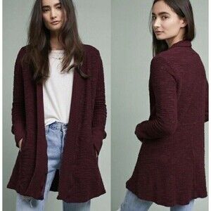 ANTHROPOLOGIE T.La Cardigan  Burgundy  Open Front ALMANDINE Long Line Boho XS